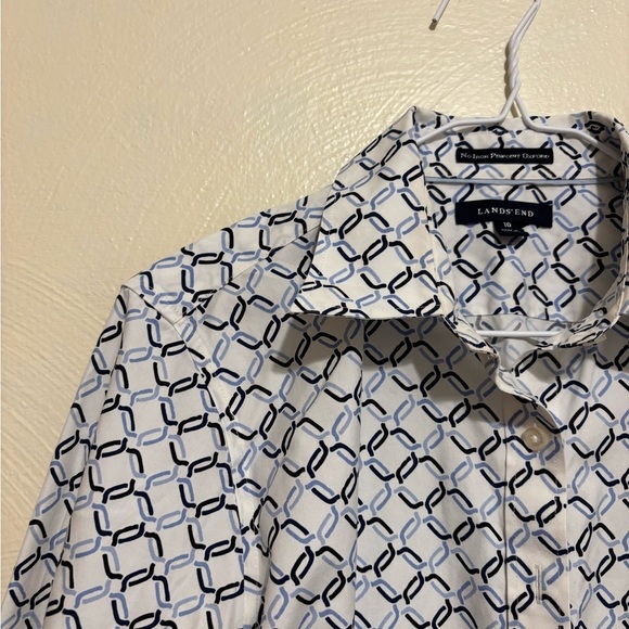 Lands' End Geometric White and Blue Button Down Shirt - Picture 6 of 8